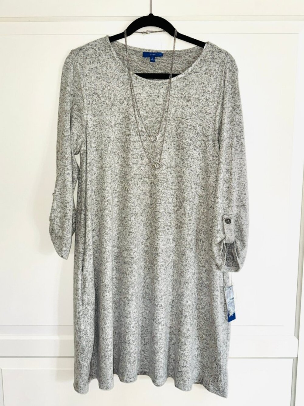 Apt 9 Knit A-Line Dress 3/4 Roll Tab Sleeve Soft Stretch Heather Gray Large NEW
